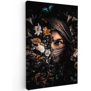 MuchoWow Leinwandbild Frau - Luxus - Blumen - Schmetterling - Porträt 80x120 cm , Schwarz , Textil , Rechteckig , 80x120 cm , FSC 100% , gerahmt , Bilder & Rahmen, Bilder, Leinwandbilder