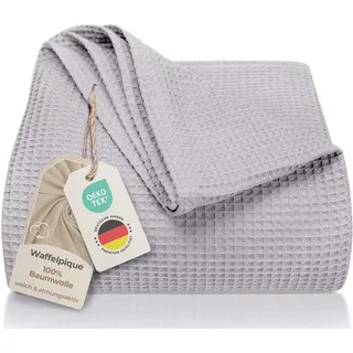 LAYNENBURG Premium Tagesdecke 220 x 240 cm XXL - Waffelpique 100% Baumwolle - leichte Wohndecke Waffeloptik - Baumwolldecke als Bett-Überwurf, Sofa-Überwurf, Couch-Überwurf - Sofa-Decke (grau)