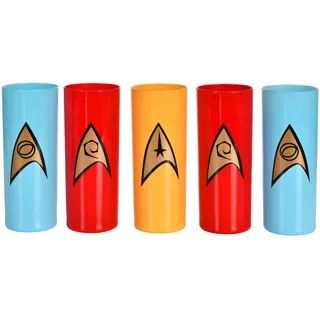 Elbenwald Star Trek Gläser 5er Set mit verschiedenen Motiven 300 ml Fassungsvermögen 16 cm Höhe für Fans gelb blau rot