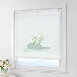 ESLIR Raffrollo Ohne Bohren Gardinen Küche Raffgardinen mit Ösen Transparent Ösenrollo Vorhänge mit Glas Druck Voile Weiß BxH 80x140cm 1 Stück