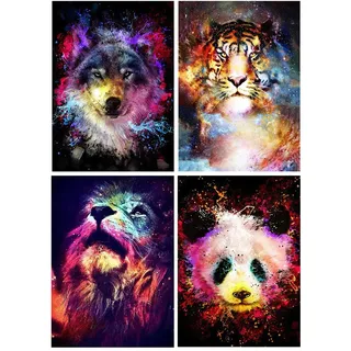 SHEGZHUC Diamond Painting Set 4er Tiere 30x40 cm Diamant Painting Bilder Tiger im Universum Malen nach Zahlen Wolf Diamond Painting Löwe Diamond Painting Pandabär im Universum Perlenbild Kinder