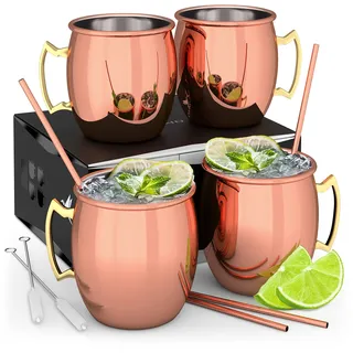 Beyond Moscow Mule Becher Set Kupferbecher - Becher aus Kupfer mit Strohalmen & Geschenkbox I Moskau Mule Kupfertasse Set mit traditionell glatter Oberfläche als Gin Tasse & für Cocktail (4er Set)
