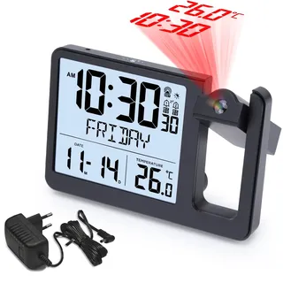 VIVILINEN Funkwecker mit Projektion mit Stecker, 2 Weckzeiten, Lichtsensor Projektionswecker mit Temperaturanzeige, Snooze, Datum, Wochenanzeige
