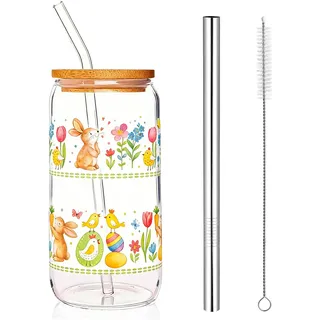 Ostertassen Glas, 500ml Tasse Ostern mit Deckel und Strohhalmen, Frühlings Design, Matcha Glas Set für Eiskaffee, Smoothies, Teeliebhaber, inkl Reinigungsbürste