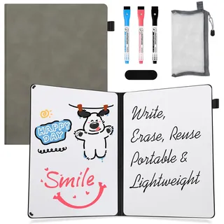AGM A4 Mini Whiteboard, Kleines Whiteboard, tragbare Schreibtafel mit 3 Farbstiften, Radiergummi und Netzbeutel für Büro, Arbeitszimmer, Klassenzimmer und Zuhause – Grau