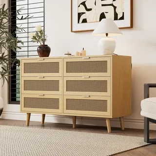 Kommode mit 6 Schubladen, Sideboard Schubladenschrank aus Holz, Schubladenkommode mit Metallgriffe, für Schlafzimmer, Wohnräume, Büro, Sideboard Highboard mit viel Stauraum, Maße: B120/H76.5/T40 cm - Braun