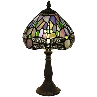 FUMAT Tiffany Tischlampeaus Buntglas mit blauer Libelle, Retro Deko Lampe Tischleuchte Nachttischlampe, Bunte Glas Lampenschirm