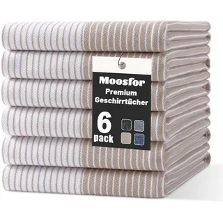 Moosfor Premium Geschirrtücher 100% Baumwolle, 6er Set 46 x 72 cm, Weich&Dick, Saugstark&Langlebig, Oeko-TEX Zertifiziert, Küchentücher Spüllappen Putzlappen, Gastronomiequalität, Beige