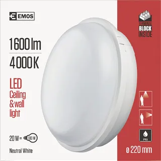 EMOS LED-Wandleuchte und Deckenleuchte 20 W rund, IP65 wasserdichte 1600 lm Außenleuchte für Balkon, Keller, Garage, Outdoor, 4000K, 22cm ZM3010 Weiß
