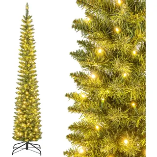 COSTWAY 210 cm Künstlicher Weihnachtsbaum mit Beleuchtung, Bleistift Tannenbaum mit 200 warmweißen LED-Lichtern, Christbaum schmal, Kunstbaum Weihnachten für Zuhause, Grün