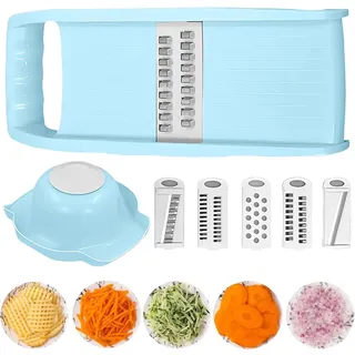5 in 1 Mandoline Gemüsehobel Gemüsereibe Inklusive Handschutz, Gemüseschneider, Gurkenhobel Dünne Scheiben, Reibe für Gemüse, Hobel Gemüse, Mehrzweck Gemüseschneider, Küchen Gadgets, Blau