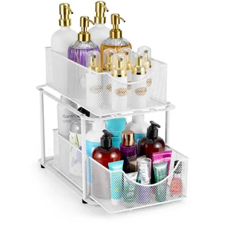 Sorbus 2-stöckige Organizer-Körbe unter der Spüle mit verschiebbaren Netzschubladen – ideal für Schrank, Arbeitsplatte, Speisekammer und Schreibtisch, Küche, Büro usw. – aus Stahl (weiß)