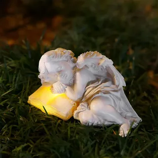 Tuzsocr Solar Engel Gartenstatuen,Schlafende Schutzengel-Figur,Engelfigur mit LED Solarleuchten,Wetterfeste kleine Engel-Skulptur für Grab/Friedhof,Frostsicher Außendeko für Rasen,Hof,Terrasse,Balkone