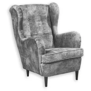 OSKAR 3 Ohrensessel mit geknöpfter Polsterung, Grau - Vintage Wohnzimmer Sessel mit Massivholz Füßen - 78 x 102 x 98 cm (B/H/T)