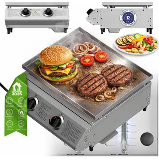 TurboTronic Gasgrill - BBQ6 - Tisch Gasgrill mit Edelstahl Grillplatte 46×40 cm, 2×3,15 kW Brenner (6,3 kW), Plancha Grillplatte, Piezo-Zündung, Fettauffangsystem - Silber