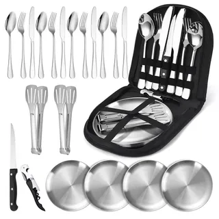 Camping Geschirr Set für 4 Personen,21 Stück Tragbars Campingbesteck Set aus Edelstahl für Camping, Picknick, Reisen-Inklusive Bestecktasche Edelstahl-Gabeln, Messer und Löffel,Wiederverwendbar