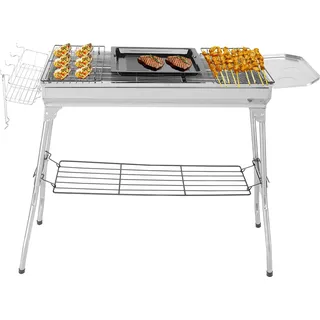 FCH Grill Holzkohlegrill Grill Edelstahl mit Grillrost Ablage Klappbeine 100 x 31 x 71cm - Silber