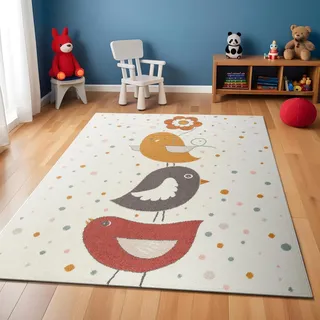 Livabliss Vögel Kinderteppich 140x200 cm – Tiermotiv Spielteppich für Kinderzimmer & Babyzimmer – für Mädchen & Jungen – Elfenbein,Senf & Rosa