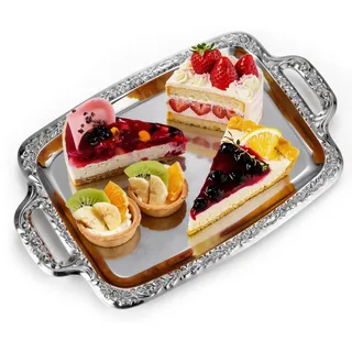 TOYANDONA Serviertablett Silber mit Zwei Griffen, Rechteckiges Vintage Metalltablett mit Reliefmuster, Für Kaffee, Kuchen, Wohnzimmer Deko, Hochzeit, Picknick & Geschenk(39x23 cm)