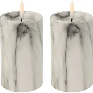 2er LED Kerze Stumpenkerze Marmor Optik flackern Ø7x15cm Batterie - Weiß