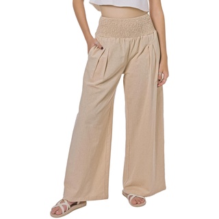 Lofbaz Damen Sommer Fließend Baumwolle Leinen Palazzo Weite Hosen Strand Hohe Taille Hose Boho Lange Loungehose mit Taschen Khaki 2XL