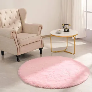 VOFUSHON Teppich Rund 150 cm Rosa Waschbar Rutschfester Hochflor Runder Teppich Wohnzimmer Weich Flauschig Rug
