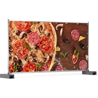 Wallario XXL Outdoor-Poster für Garten oder Balkon, Motiv Pizza mit Tomaten, Salami, Oliven und Pilzen, in ca. 340 x 173 cm - Braun