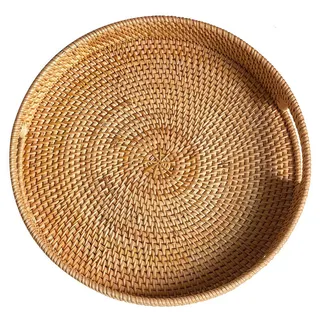 Rundes Rattan Serviertablett, Handgewebtes Serviertablett mit Griffen, Wicker Servierkorb, Dekoratives Tablett für Küche, Wohnzimmer (Natürlich, 30 cm)