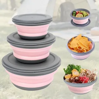 Komoke Faltbare Schüssel mit Deckel 3 Stück,Faltschüssel Camping Set, Tragbare Salatschüssel Faltbar und Spülschüssel Camping für Küche, Camping Geschirr, Outdoor | Camping Küchenzubehör und Zubehör