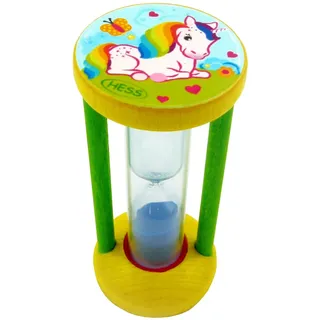 hess since 1990 - Sanduhr zum Zähneputzen für Kinder, Zahnputzuhr Einhorn aus Holz, mit farbigem Sand, aus dem Erzgebirge