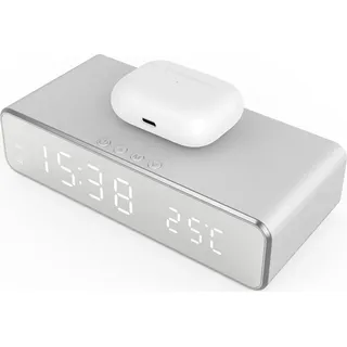 INF Digitaler LED-Wecker mit kabellosem Ladegerät und Thermometer Silber - Silber