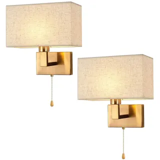 JHYPVII 2 Stücke Wandleuchte Innen Gold mit Schalter Wandlampe Schlafzimmer Vintage Wandlampen mit Zugschalter, E27 Nachttischlampe Wand mit Stoffschirm für Flur Bett Wohnzimmer