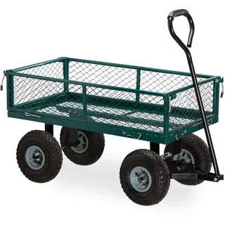Relaxdays Handwagen, praktischer Bollerwagen für den Garten, Outdoor Transport, klappbare Seitenteile, bis 150 kg, grün