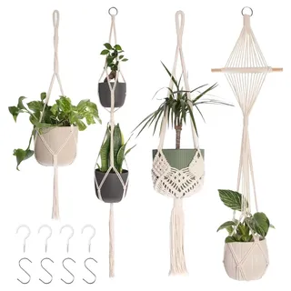 Pynzeka 4 Stücke Makramee Blumenampel Baumwollseil Blumentopf Boho Deko Makramee für Innen Außen Garten Balkon Terasse Fenster
