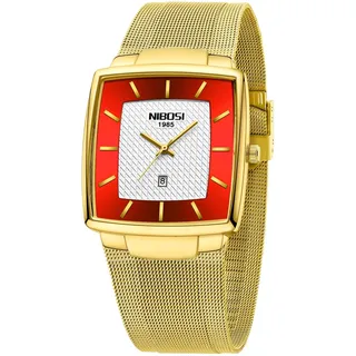 NIBOSI Herren Armbanduhr Herrenuhren luxuriös militärisch wasserdicht Quarz analog quadratisch Armbanduhr für Männer mit Edelstahl Mesh Armband Datumskalender,Gold Rot