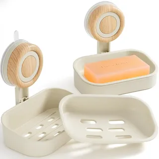 Seifenschale mit Ablauf, 2 Stück - Doppelstöckiger Seifenhalter mit Saugnapf, Wandmontage & Bohrfrei, Selbstentwässernde Seifenschale für Dusche, Badezimmer und Küchenspüle (Beige)
