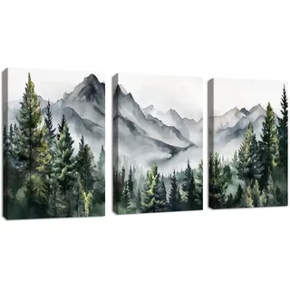 3Pcs Grüne Ansichten Leinwandbilder Bilder Set mit Rahmen, Abstrakt Berg Wald Landschaften Tinte Wandbilder Schlafzimmer Bild Auf Leinwand Kunstdruck Deko für Wohnzimmer fertig zum Aufhängen 30x40cmx3