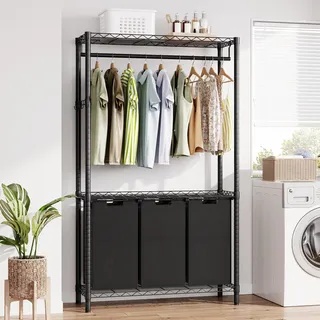 GarveeHome Wäschesammler 3 Fächer,Wäschekorb Mit Ablage, 3x49 l Wäschebox Mit Rollen, Wäschesack Aus Oxford-Gewebe Abnehmbar, Metallrahmen, 95x32x176cm, Schwarz