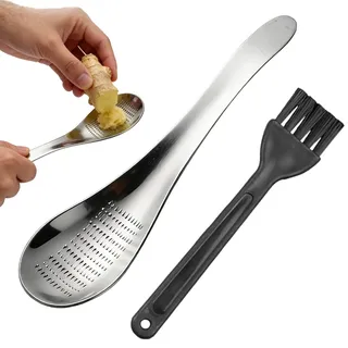 2 Stück Ingwer Reibe,Ingwerreibe,Knoblauchreibe,Muskatreibe,Premium Ingwerreibe Aus Edelstahl Mit Löffel,Knoblauchreibe,Silber Crusher Knoblauchpresse,Zerkleinerer,Zitronenreibe,Fur Kurkuma Und Wasabi