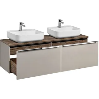 Doppel Waschtisch-Unterschrank 160cm taupe mit Vintage Oak PUEBLA-56-TAUPE, B/H/T 160,4/63,5/46 cm - Beige