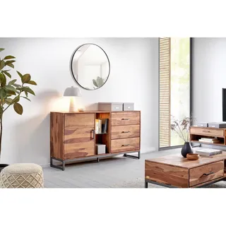 Mid.you Sideboard , Anthrazit, Naturfarben , Metall , Sheesham , massiv , 65 mm , 1 Fächer , 3 Schublade(n) Schubladen , 175x49x40 cm , stehend, Beleuchtung, handgemacht , Holzmöbel, Kommoden Holz, Sideboards Holz