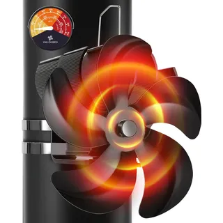 Xmasneed Ofenventilator, 6 Blatt Kaminventilator Ohne Strom, Wärmebetriebener Rohr Kamin Ventilator mit Thermometer, Ofenventilator Ohne Strom Leiser Betrieb, Ofen Ventilator für Holz/Ofenrohr