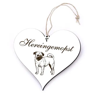 Dekoschild Herz „Hereingemopst“ mit Mops Motiv - Holzschild zum Aufhängen, lustige Türdekoration für Hundeliebhaber