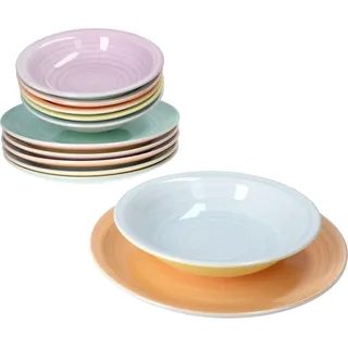 Pastello Tellerset 12-tlg. – Pastellfarben – Steingut – Strudeloptik – Ø 27 cm & Ø 21,3 cm
