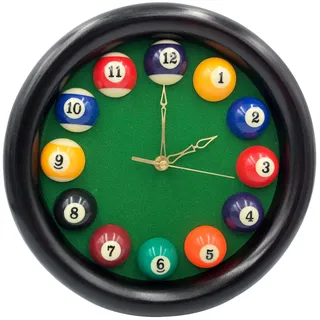Yuanhe Billard-Poolkugeluhr – 27,9 cm, runde Billardtisch-Wanduhr mit Holzrahmen, ideal für Billardzimmer, Poolzimmer, Spielzimmer, Bar
