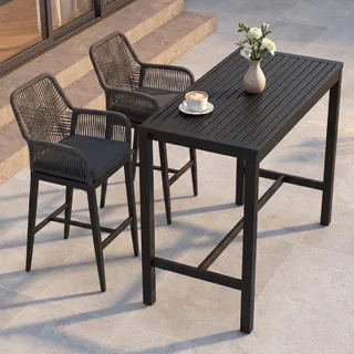 Set Bartisch + 2x Barhocker HWC-P91, Barstuhl Stehtisch, Outdoor Sitzpolster Seilgeflecht Metall anthrazit - Grau