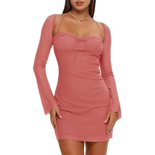 XLLAIS Damen Lange Puffärmel Mini Bodycon Mesh Kleid Split Hem Sexy Party Clubwear, Pink 1, Klein