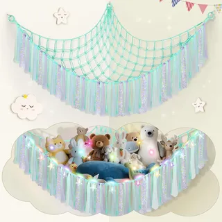 Lunriwis Kuscheltier Aufbewahrung Netz mit LED-Leuchten, Boho Makramee Spielzeug kinderzimmer deko, StofftieStofftier Aufbewahrungstasche Hängematte Aufbewahrung Kuscheltiere Lila