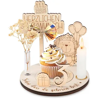 HOUISM Personalisierter Geburtstagsteller aus Holz mit Kerzen, Vase & Zahlen Geburtstagsteller Holz | Individueller Telle | Kerzenteller Geburtstag Kinder