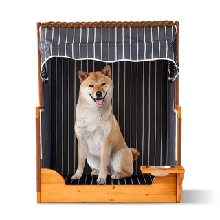 Relaxdays Hundestrandkorb, Rattan, mit Napf, Hundesessel mit Dach, HBT: 95x75x65 cm, Garten & Terrasse, Holz, dunkelblau